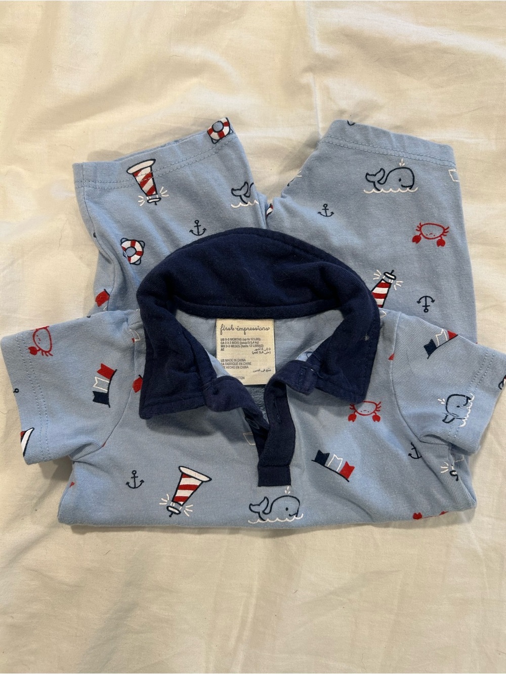Kids Light Blue Nautical romper with  Navy Collar